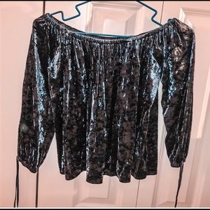 off the shoulder blue velvet top